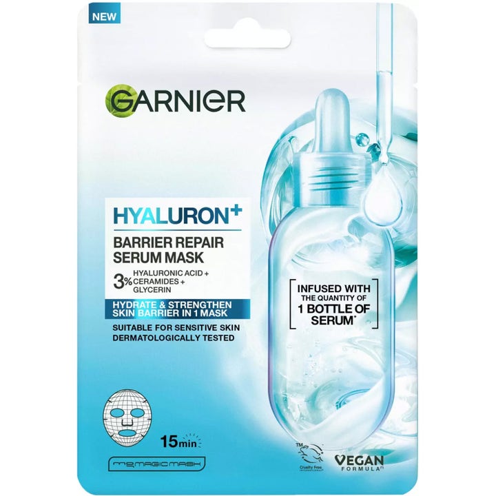 Garnier Hyaluron + Barrier Repair Serum Mask 1 stk gir fuktighet i hvit og blå sachet med illustrert serumflaske og pipette.