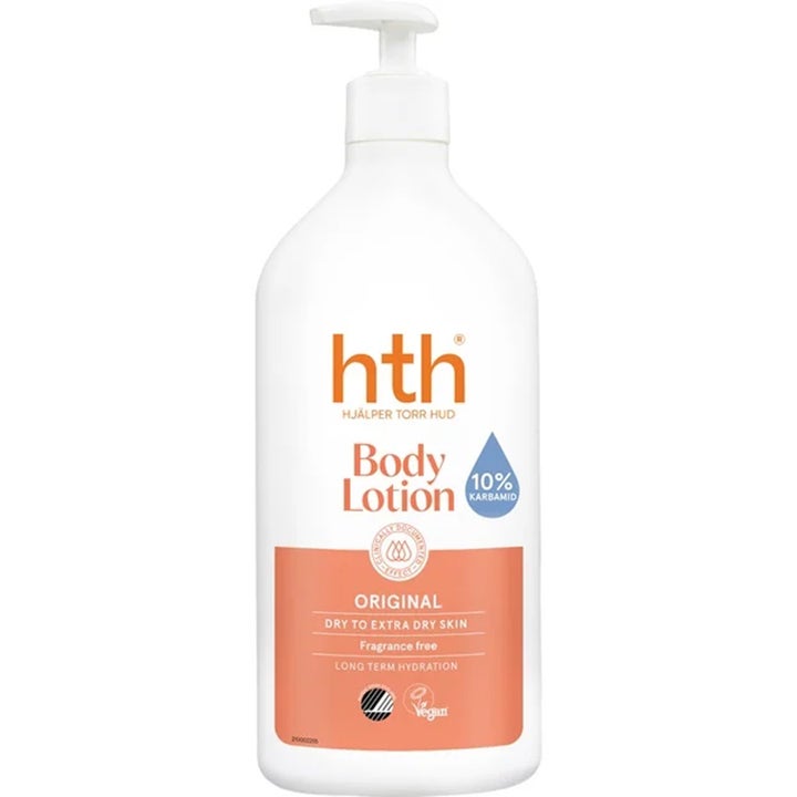 HTH Original Body Lotion fuktighetsgivende krem med 10 % karbamid i stor hvit plastflaske med pumpe.