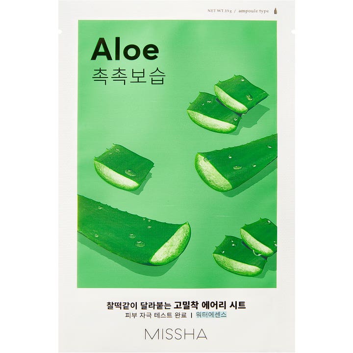 Missha Airy Fit Sheet Mask Aloe 19 g fuktighetsgivende ansiktsmaske med bilde av grønne aloeverablader