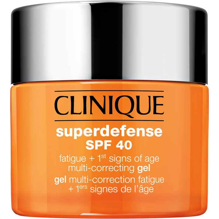 Clinique Superdefense SPF 40 Multi-Correcting Gel som gir glød i en oransje krukke med sølvfarget lokk