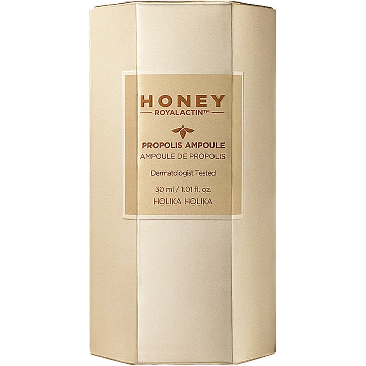 Holika Holika Honey Royalactin Propolis Ampoule 30 ml glødgivende serum i en sekskantet gullfarget eske