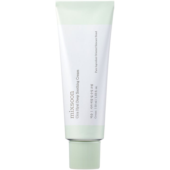 Mixsoon Cica Hyal Deep Soothing Cream 50 ml beroligende ansiktskrem i hvit tube med mintgrønne detaljer og lokk