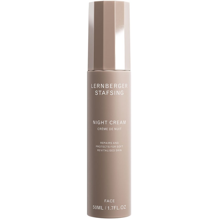 Lernberger Stafsing Night Cream 50 ml reparerende nattkrem for myk hud i beige sylinderflaske med fasettert kork