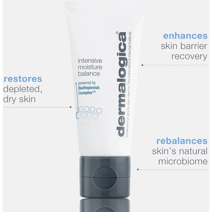 Dermalogica Intensive Moisture Balance hvit tube som gjenoppretter tørr hud og balanserer hudens naturlige mikrobiom.