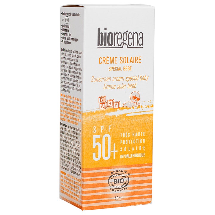 Bioregena Sunscreen Cream Baby 40 ml SPF 50+ solkrem i hvit pappeske med oransje detaljer