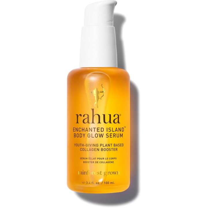 Rahua Enchanted Island Body Glow Serum 100 ml kroppsserum som gir glød i en frostet oransje glassflaske med hvit pumpe.