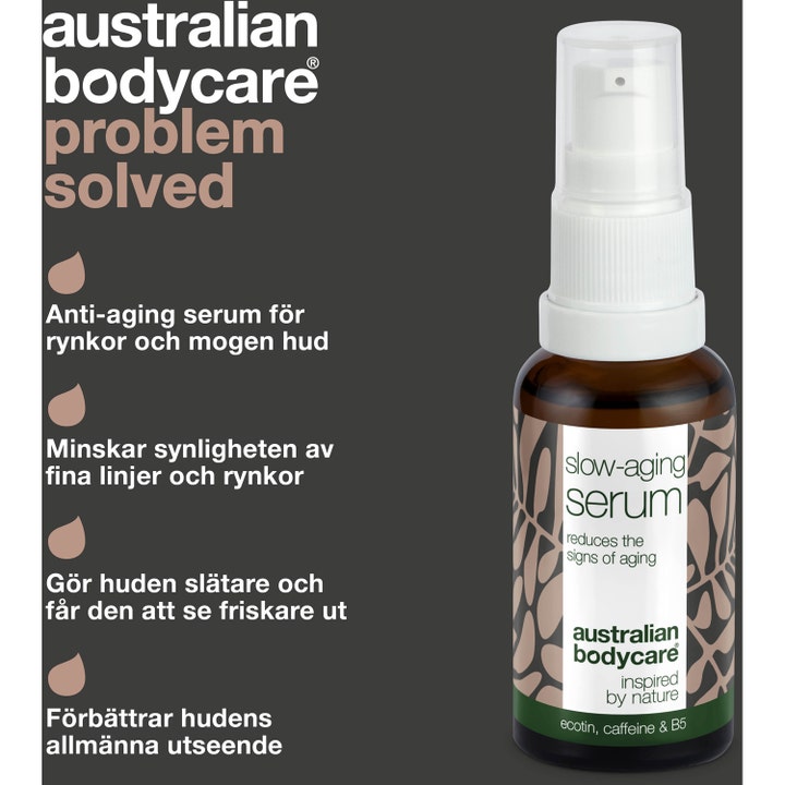 Australian Bodycare Slow Anti-Age Serum 30 ml mot rynker i brun glassflaske med hvit pumpe og tekst