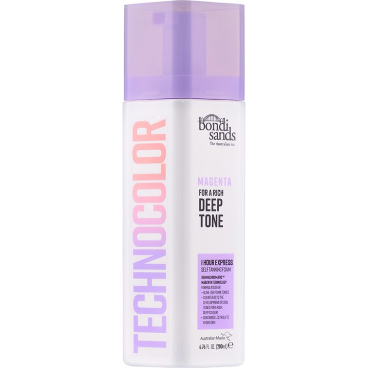 Bondi Sands Technocolor Magenta 200 ml selvbruningsskum gir dyp farge i hvit flaske med lilla kork.