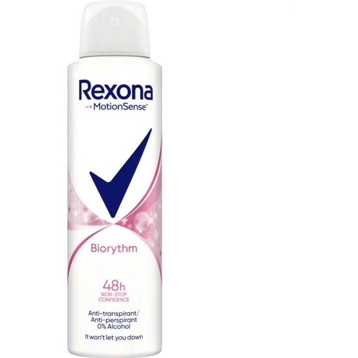Rexona Biorythm antiperspirant spray som gir 48 timers beskyttelse i hvit sprayboks dekorert med rosa detaljer