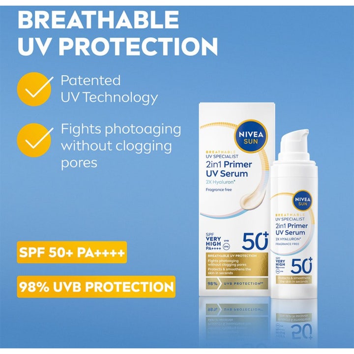 NIVEA Sun UV Face 2in1 Daily Serum 30 ml solkrem motvirker aldring i hvit pumpeflaske og eske med SPF 50+.