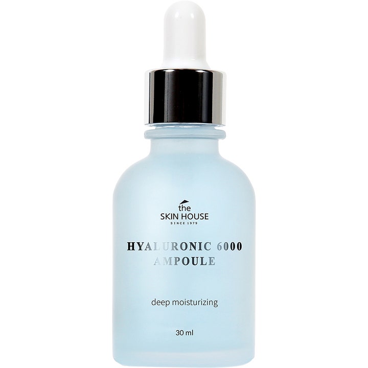 The Skin House Hyaluronic 6000 Ampoule 30 ml fuktighetsgivende serum i frostet lyseblå glassflaske med sølvkork