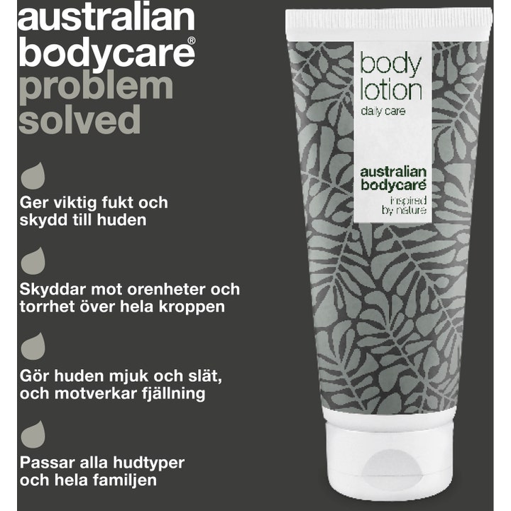 Australian Bodycare Body Lotion 200 ml fuktighetskrem i tube med grått bladmønster motvirker tørr hud