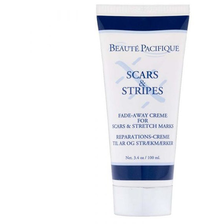 Beauté Pacifique Scars & Stripes 100 ml reparasjonskrem mot arr og strekkmerker i hvit plasttube med blå detaljer