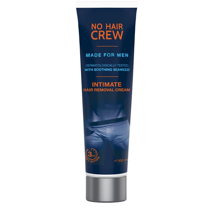 No Hair Crew Intimate Hair Removal Cream 100 ml beroligende hårfjerningskrem i mørkeblå plasttube med sølvfarget kork