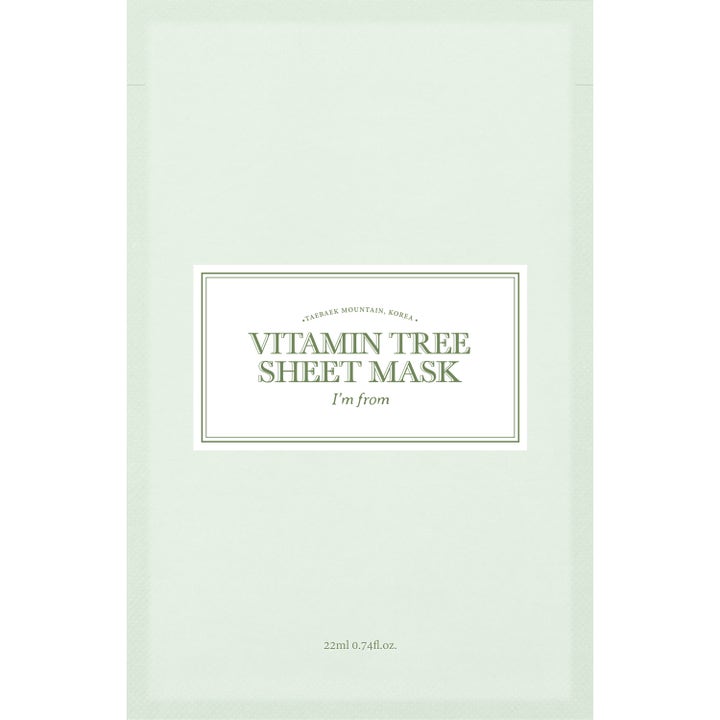 I'm from Vitamin Tree Sheet Mask 22ml glødgivende ansiktsmaske i en lys grønn og hvit forpakning.