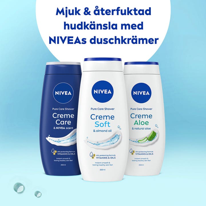 NIVEA Creme Soft 250 ml fuktighetsgivende dusjsåpe ved siden av variantene Creme Care og Creme Aloe.
