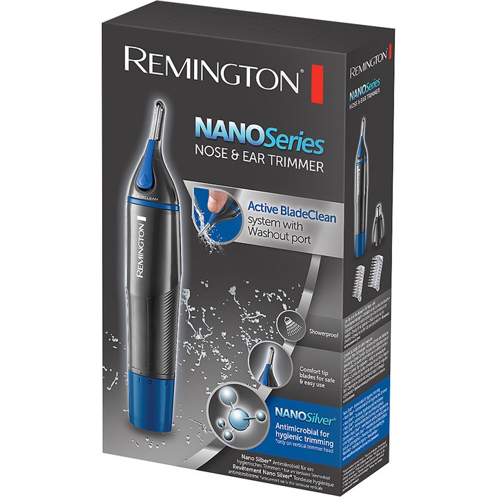 Remington Nose &amp; Ear Trimmer NE3850 1 stk nese- og øretrimmer i mørkegrå eske med blå detaljer.