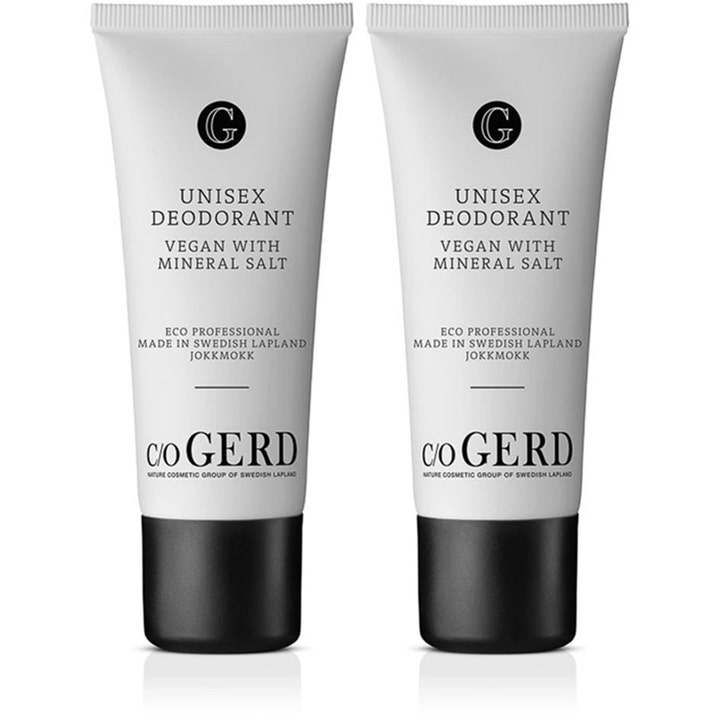 c/o Gerd Unisex Deodorant 2-pakning vegansk deodorant med mineralsalt i to hvite tuber med sorte korker