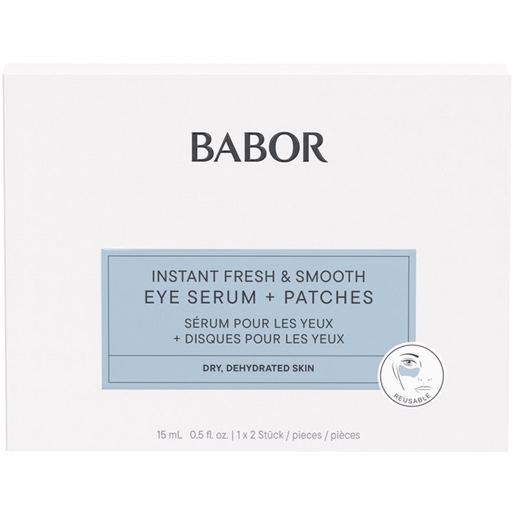 Babor Instant Fresh & Smooth Eye Serum + Patches 15 ml i hvit eske for tørr og dehydrert hud