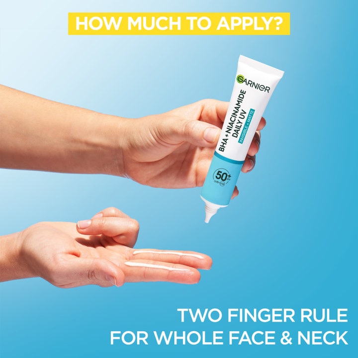 Garnier Pureactive BHA Niacinamide UV Daily Fluid 40 ml ansiktssolkrem påføres med to-finger-regelen