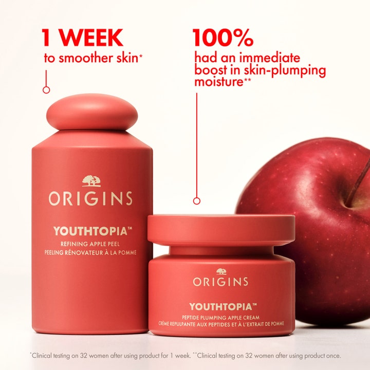 Origins Youthtopia Refining Apple Peel 100 ml ansiktspeeling gir glattere hud vist i rød flaske med et eple