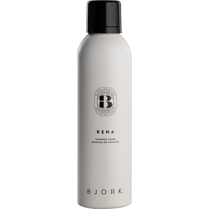 Björk Rena 200 ml oppfriskende dusjskum i hvit sprayflaske med svart kork som gir huden en ren følelse
