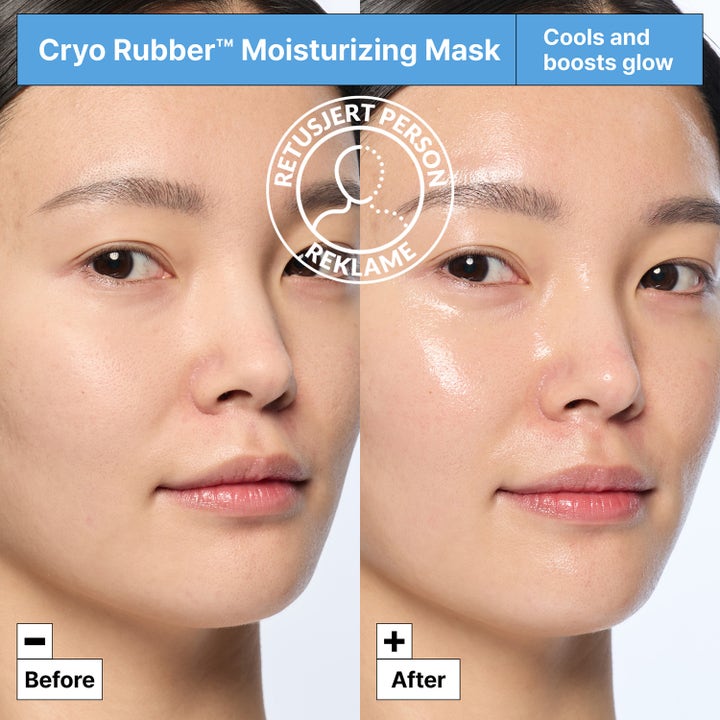 Dr.Jart+ Cryo Rubber Moisture Mask 36 g ansiktsmaske med før og etter resultat som viser fuktighet og økt glød