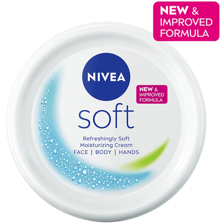 NIVEA Soft 200 ml fuktighetskrem i hvit krukke med New &amp; Improved Formula og forfriskende blått design