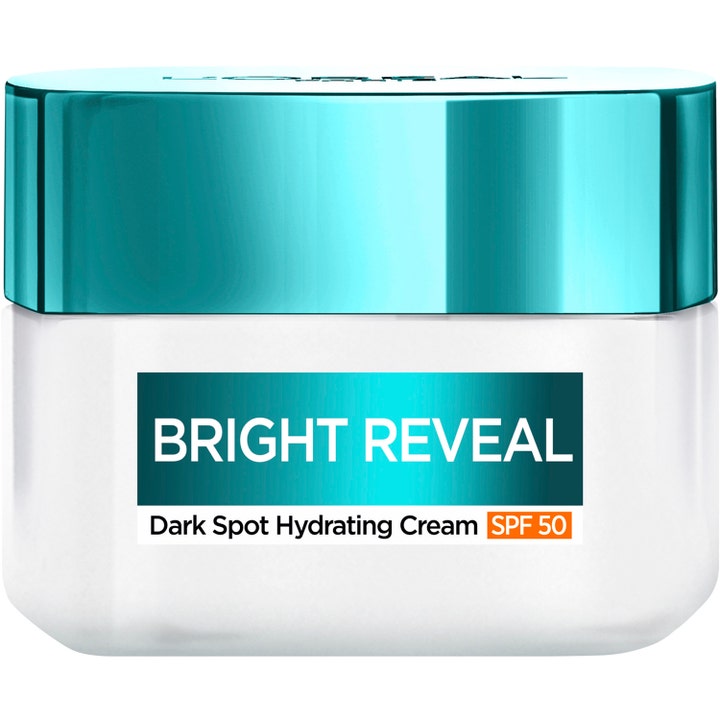 L'Oréal Bright Reveal Dark Spot Hydrating Cream SPF 50 fuktighetsgivende dagkrem i hvit krukke med turkis lokk.