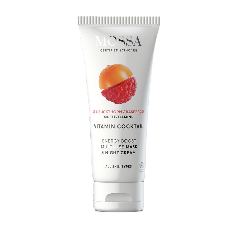 Mossa Vitamin Cocktail Energy Boost Multi-Use Mask &amp; Night Cream energigivende ansiktsmaske i hvit tube med bærdekor