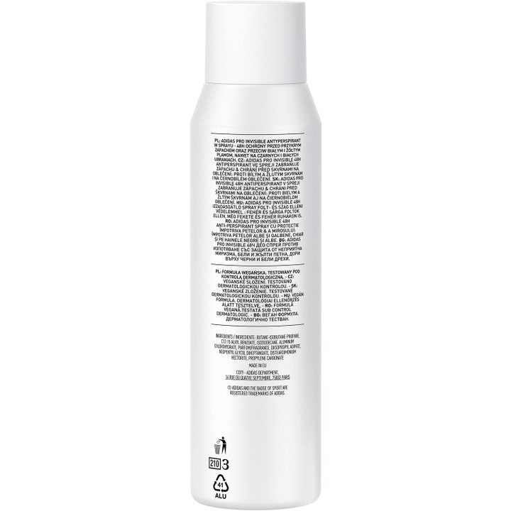 Adidas Pro Invisible Woman Deodorant Spray 150 ml antiperspirant viser baksiden med ingredienser og vegansk formel
