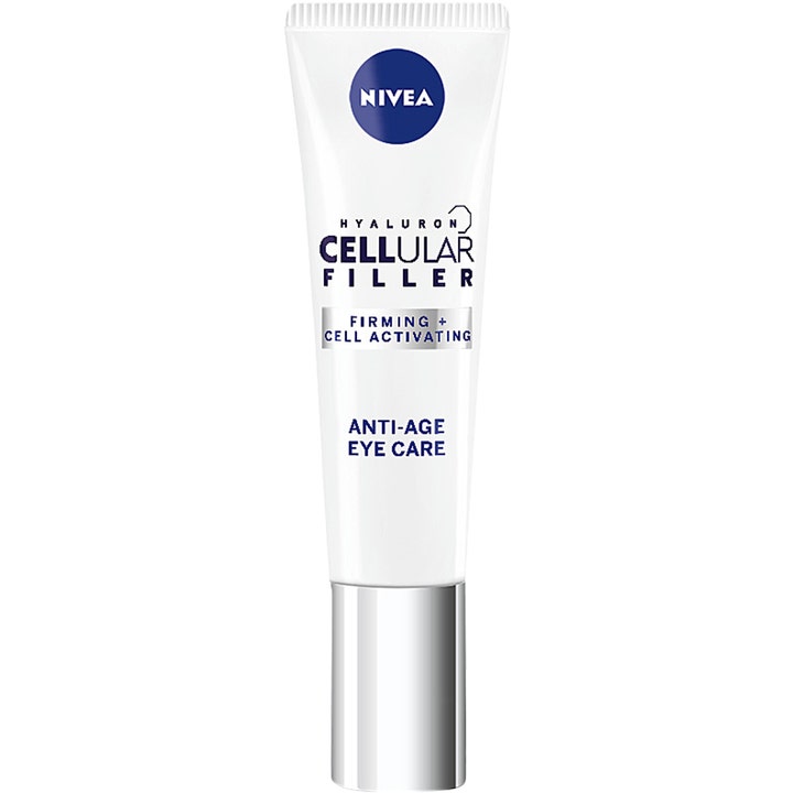 Nivea Hyaluron Cellular Filler 15ml oppstrammende øyekrem i hvit tube med sølvfarget kork som gir fastere hud