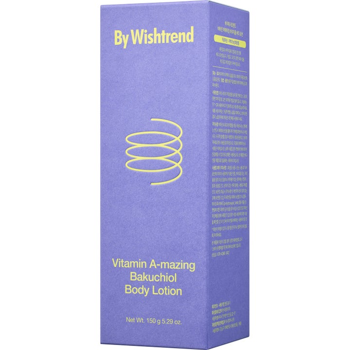 By Wishtrend Vitamin A-mazing Bakuchiol Body Lotion 150 g utjevnende kroppspleie i lilla eske med gul skrift.