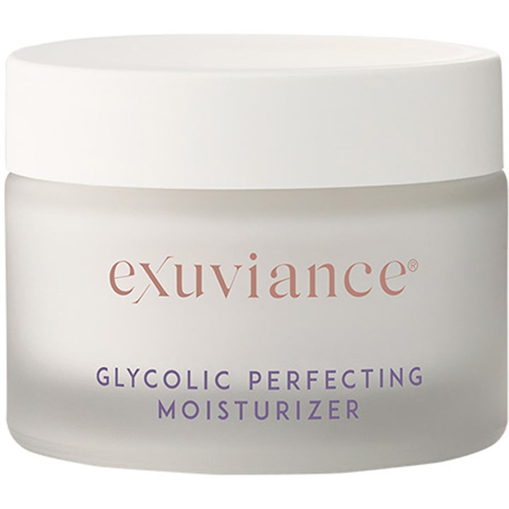 Exuviance Glycolic Perfecting Moisturizer fornyende ansiktskrem i en frostet glasskrukke med hvitt skrulokk