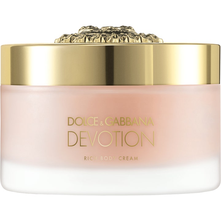 Dolce & Gabbana Devotion Rich Body Cream fuktighetskrem for kroppspleie i frostet glasskrukke med dekorativt gullokk.