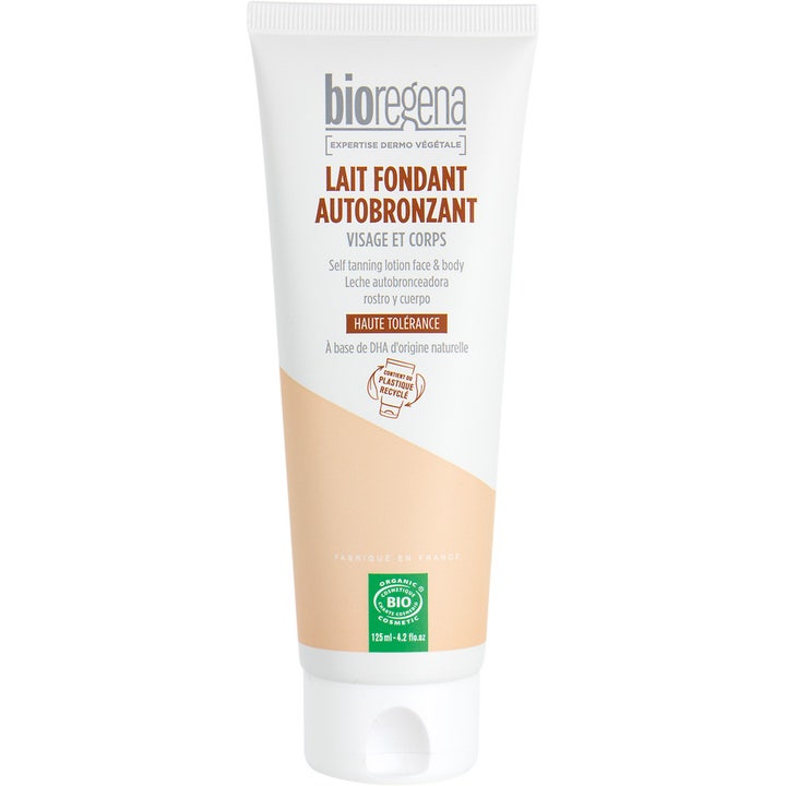 Bioregena Lait Fondant Autobronzant 125 ml selvbruning gir naturlig glød i hvit plasttube med oransje detaljer.