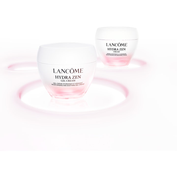 Lancôme Hydra Zen Gel Cream 30 ml fuktighetsgivende dagkrem i hvite krukker med rosa bunn og lys bakgrunn