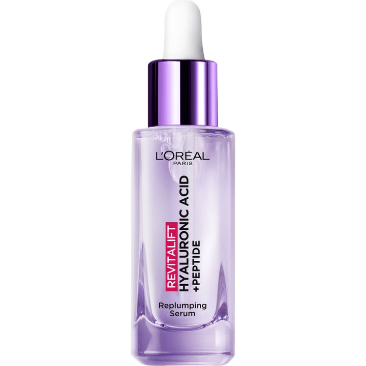 L'Oréal Paris Revitalift Hyaluronic Acid + Peptide 30ml fuktighetsgivende serum i lilla glassflaske med hvit pipette