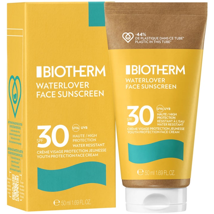 Biotherm Waterlover Face Cream 50 ml solkrem for ansiktet med SPF 30 i gul tube og eske med blå bølge.