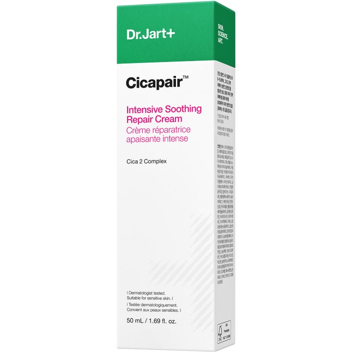 Dr.Jart+ Cicapair Intensive Soothing Repair Cream 50 ml beroligende dagkrem i hvit og grønn eske med Cica 2 Complex