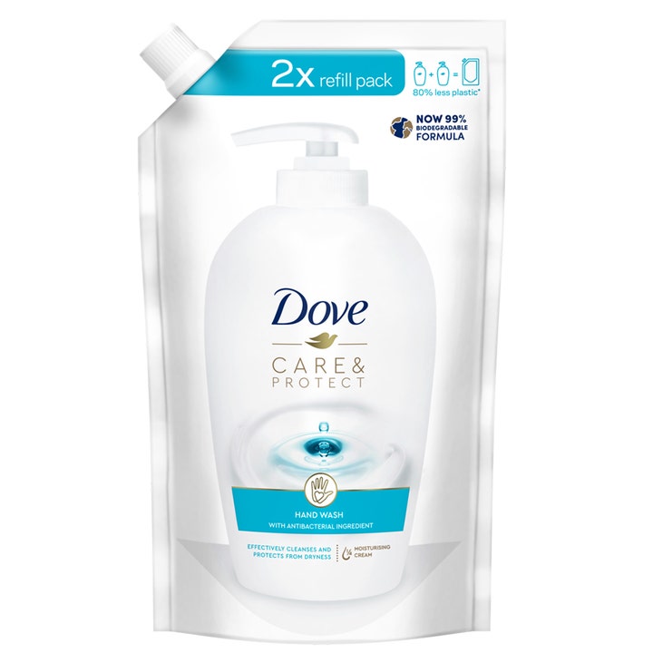 Dove Care & Protect Hand Wash antibakteriell håndsåpe refill i hvit plastpose med blå detaljer og skrukork.