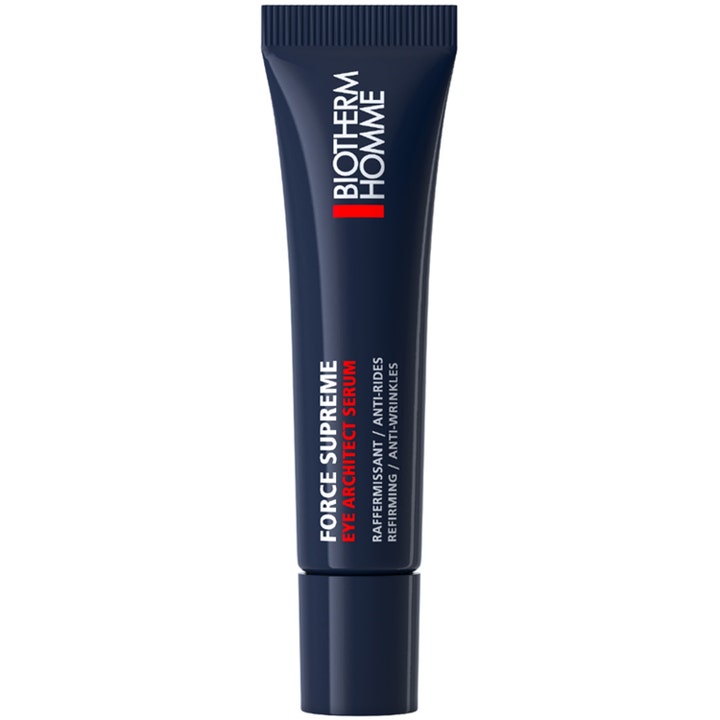 Biotherm Homme Force Supreme Eye Architect Serum 15ml oppstrammende øyeserum mot rynker i mørkeblå tube med sølvtekst.