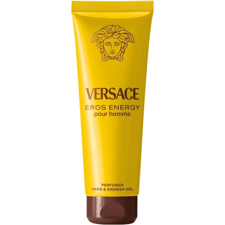 Versace Eros Energy 250 ml dusjgelé som gir frisk velvære i en knallgul tube med ikonisk Medusa-logo.