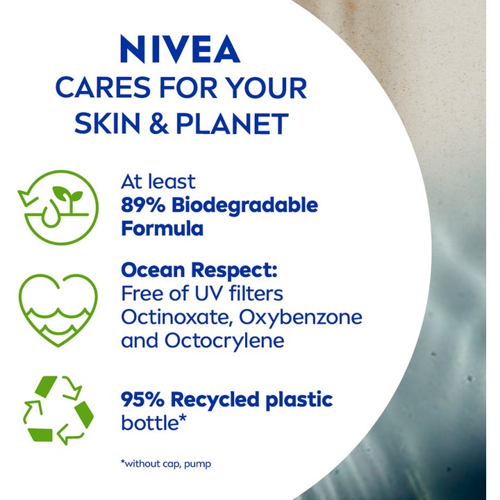 NIVEA Sun Protect & Bronze Oil 200 ml solkrem med infografikk om biologisk nedbrytbar formel og resirkulert plast