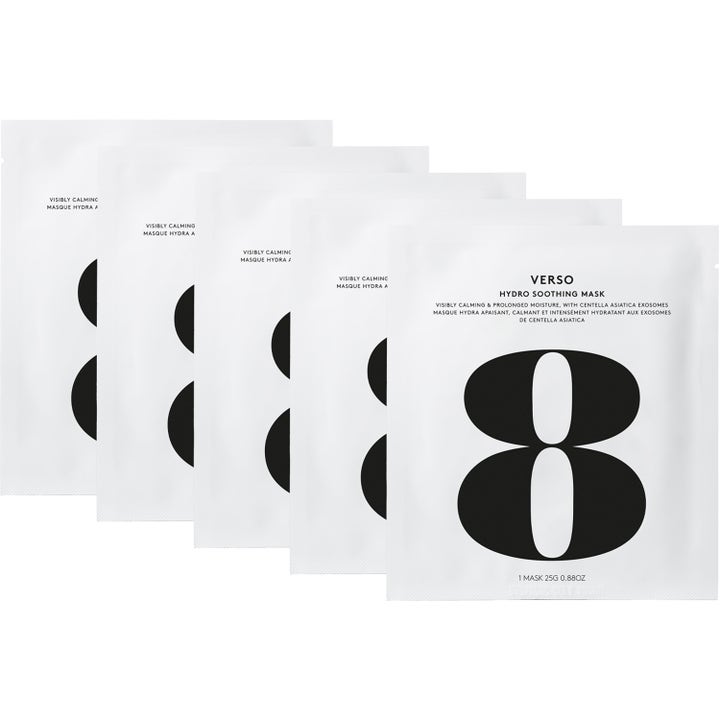 Verso Hydro Soothing Mask 5-pakning beroligende ansiktsmaske som gir fuktighet i hvite poser med stort svart 8-tall.