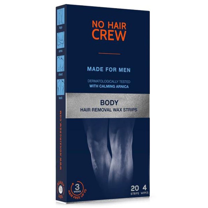 No Hair Crew Body Hair Removal Wax Strips 20 stk for menn i mørkeblå eske med beroligende arnica