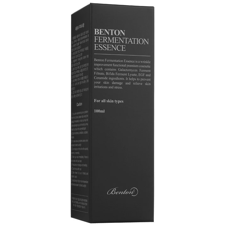 Benton Fermentation Essence 100 ml fuktighetsgivende essence i svart eske med hvit tekst for glød og anti-age