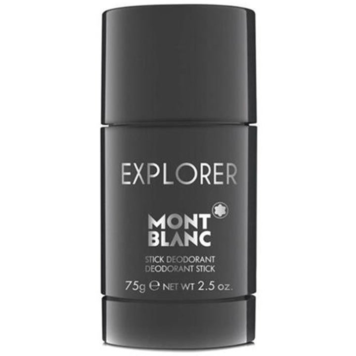 Montblanc Explorer 75g deostick som gir friskhet i en matt svart hylse med sølvfarget logo og tekst.