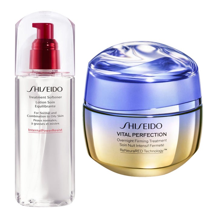 Shiseido Treatment Softener og Vital Perfection nattkrem som gir fasthet i klar pumpeflaske og gullfarget krukke