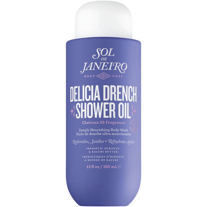 Sol de Janeiro Delícia Drench Shower Oil 385 ml nærende dusjolje i lilla flaske med hvit kork